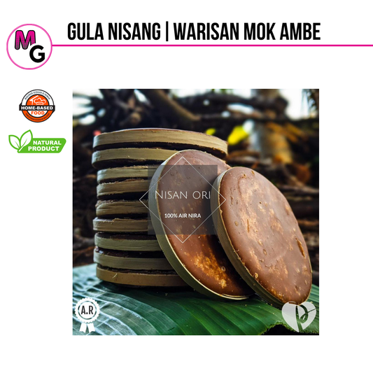 Stack of Gula Nisang cookies with branding and product details on a natural background