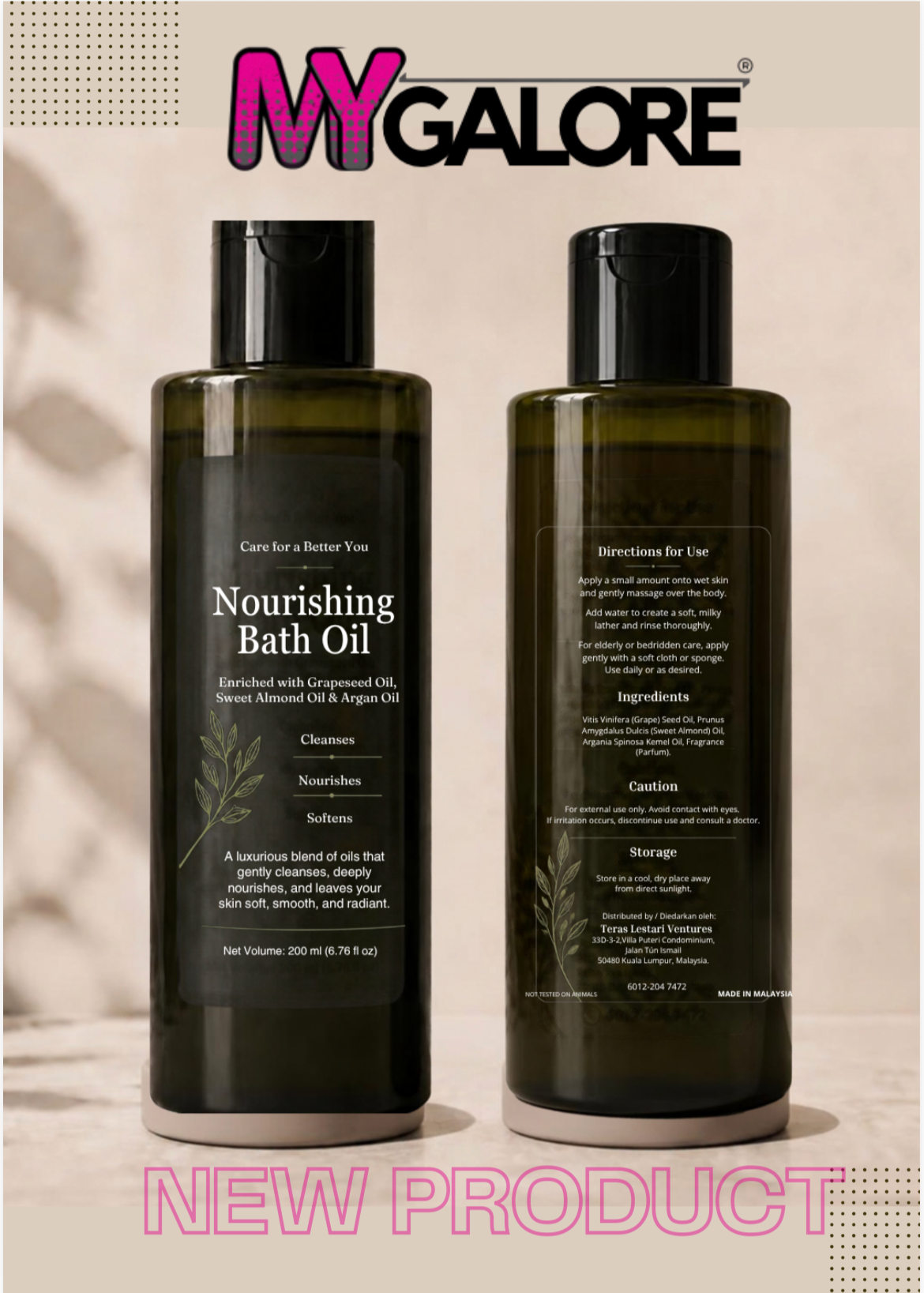 Lestari Wellness Nourishing Bath Oil 200ml, front and back bottles