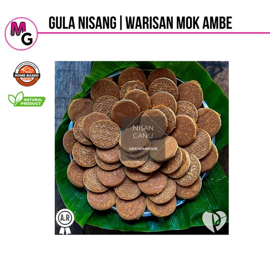 Gula Nisang on a green leaf with branding and product details.