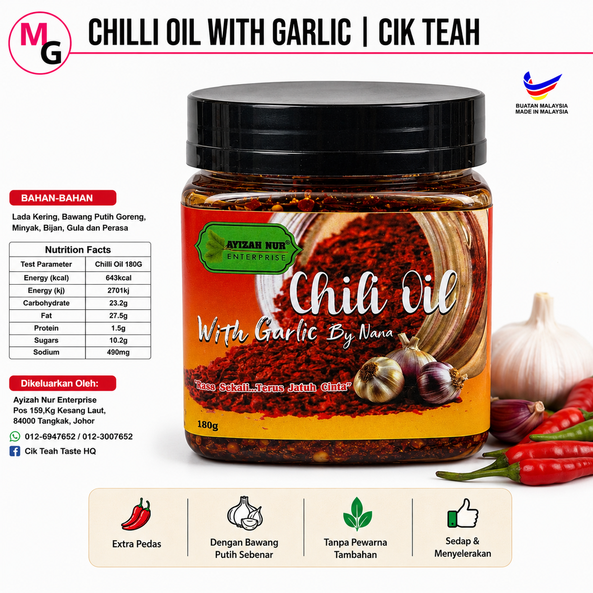 Chilli Oil with Garlic by Cik Teah, 180g
