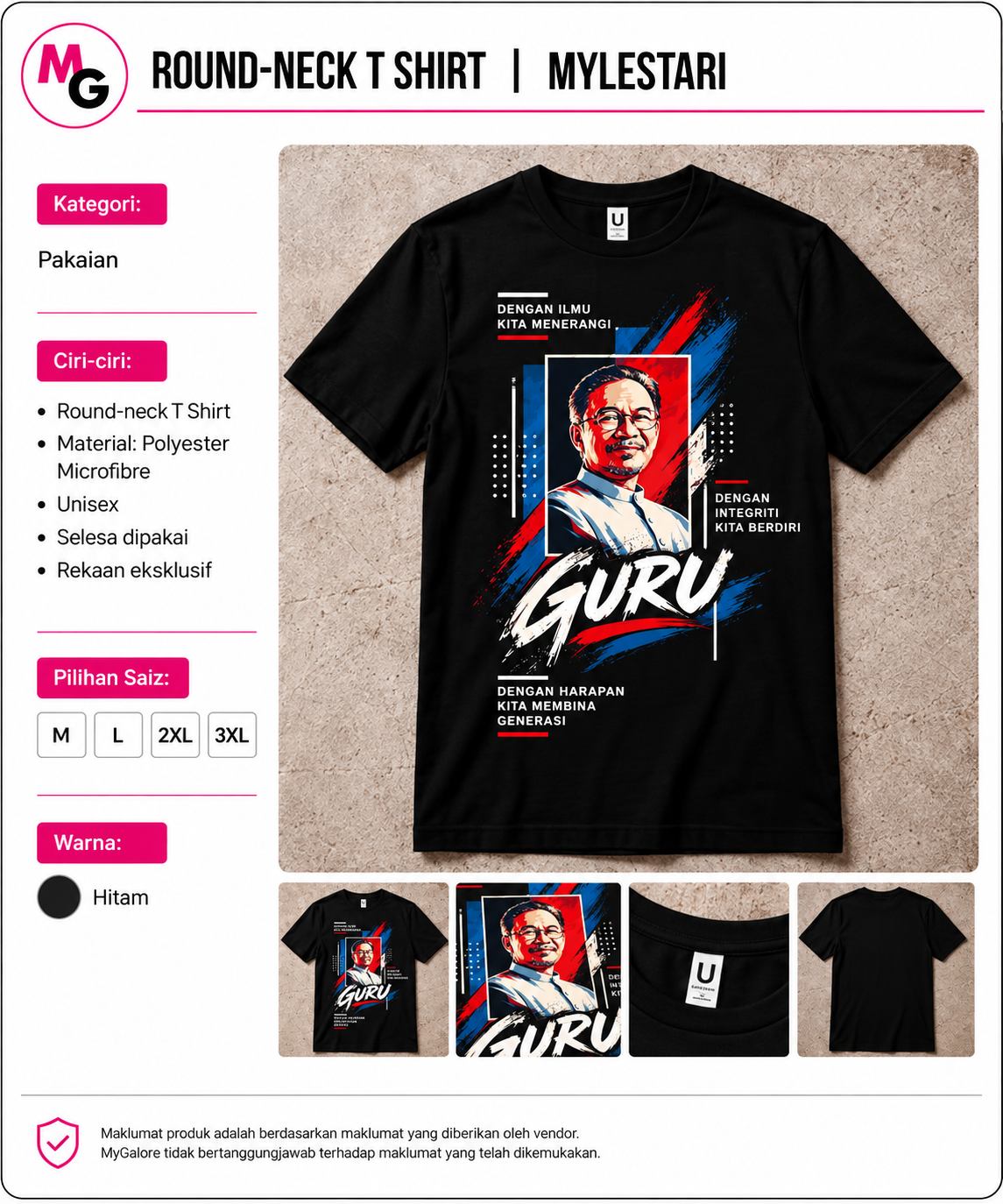 MyLestari black round-neck polyester microfibre T-shirt with Guru graphic and size details