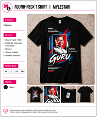 MyLestari black round-neck polyester microfibre T-shirt with Guru graphic and size details