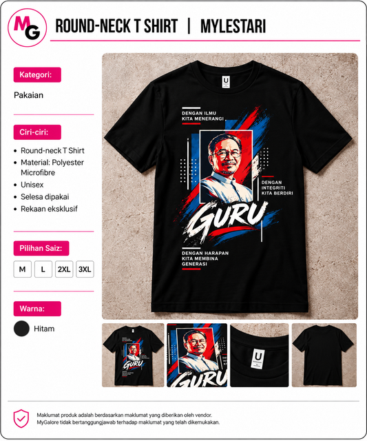 MyLestari black round-neck polyester microfibre T-shirt with Guru graphic and size details